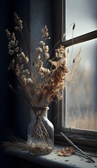 still life dead dried flowers open window high definition render cinematic lighting 