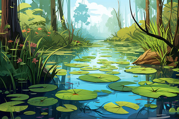 vector illustration of a view of aquatic plants in a swamp
