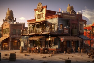 Western town saloon bustling with diverse businesses. 3D render. Generative AI - obrazy, fototapety, plakaty