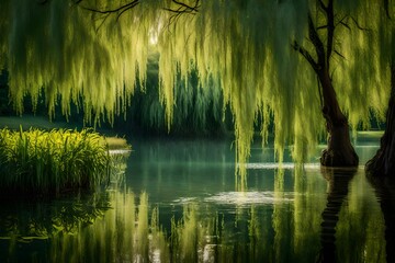 A peaceful pond surrounded by weeping willow trees, their branches gently dipping into the water. - obrazy, fototapety, plakaty