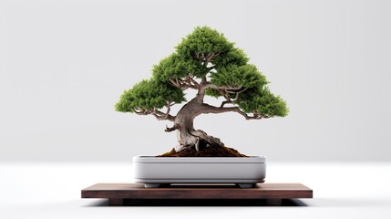 bonsai tree on a work desk with a laptop nearby, for hobby and refreshment