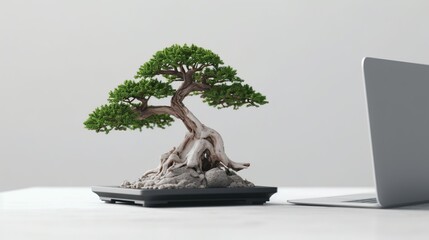 bonsai tree on a work desk with a laptop nearby, for hobby and refreshment