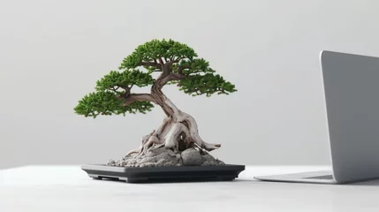 Foto op Canvas bonsai tree on a work desk with a laptop nearby, for hobby and refreshment © Beny