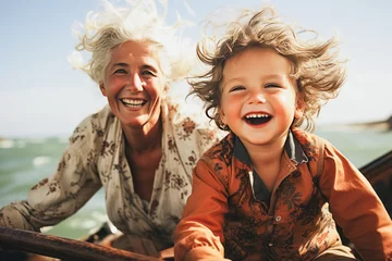 Foto op Canvas Charming depiction of a grandparent and child sharing a joyful summer sailing experience on the ocean. © XaMaps