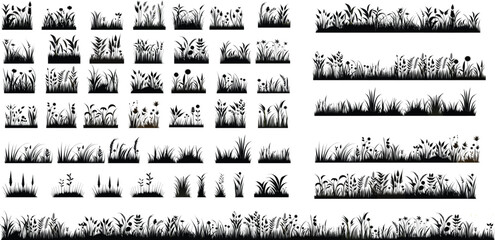 grass isolated, transparent background silhouettes set collection. 