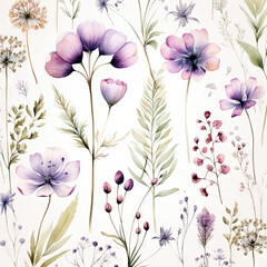 Mod&egrave;le aquarelle sans couture avec fleurs sauvages &eacute;th&eacute;r&eacute;es, feuilles. Plantes sauvages, fleurs, branches. fond floral naturel. IA g&eacute;n&eacute;rative, IA