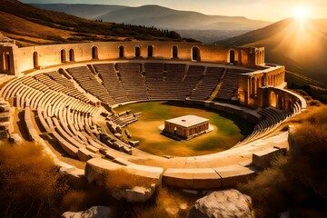 An ancient Greek amphitheater nestled in the hills, bathed in golden sunlight. - obrazy, fototapety, plakaty