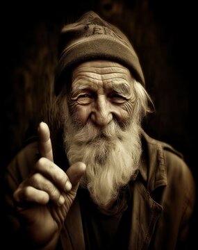 Bearded old man with hat makes expressive gesture