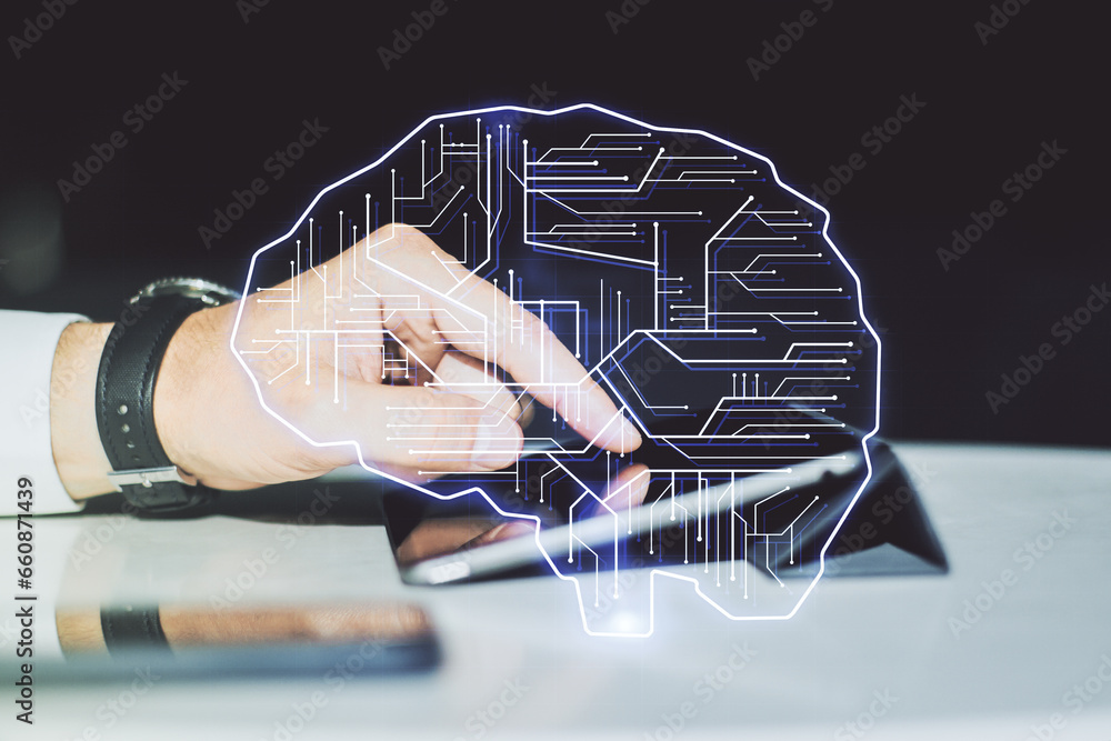Aufkleber creative artificial intelligence concept with human brain sketch and finger presses on a digital tab