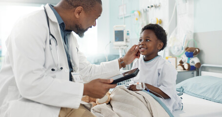 Doctor, African boy kid and hospital with tablet, smile and rest for recovery from surgery,...