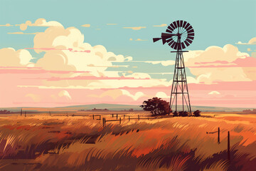 vector illustration of a view of a windmill in a meadow