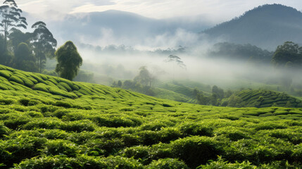green tea plantation landscape in spring - obrazy, fototapety, plakaty