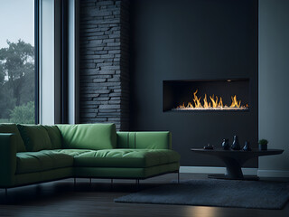 Modern fireplace in a luxury villa, green sofa and grey stone wall
