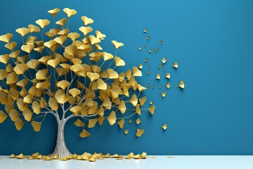 Blue background with golden ginkgo leaf and tree. Contemporary 3D artwork for walls. Generative AI