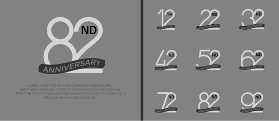 set of anniversary logo white color and black ribbon on gray background for celebration moment