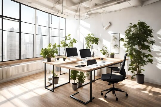 A modern office desk bathed in natural sunlight, with a sleek computer setup and potted plants.