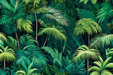 A dense tropical rainforest with towering palm trees and vibrant foliage in various shades of green.