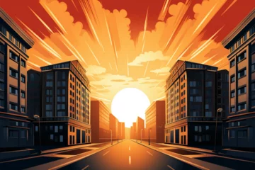 Poster vector illustration of the view of the sun shining behind the building © Yoshimura