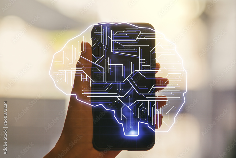Poster creative artificial intelligence concept with human brain sketch and hand with mobile phone on backg