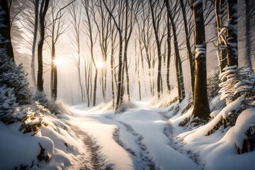 A winding path through a snow-covered forest with sunlight breaking through the trees.