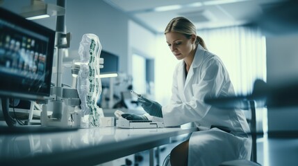 Medical technology: Portrait of a young prosthetic technician holding a prosthetic part and checking the quality of the prosthetic leg and making adjustments while working in a modern laboratory.