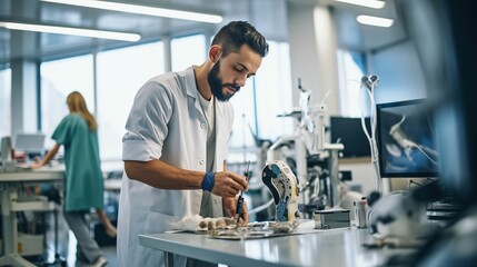 Medical technology: Portrait of a young prosthetic technician holding a prosthetic part and checking the quality of the prosthetic leg and making adjustments while working in a modern laboratory.