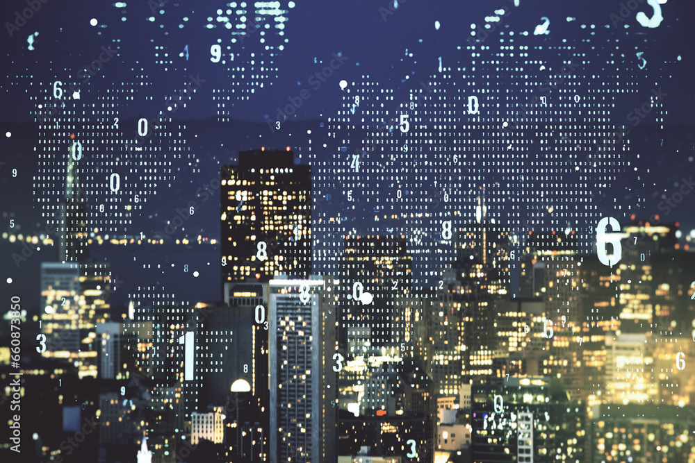 Aufkleber multi exposure of abstract graphic coding sketch and world map on san francisco cityscape background