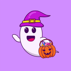 vector illustration of Halloween Ghost carrying a Candy Basket