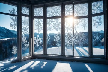 A frosty snowflake pattern on a window with a snowy landscape visible outside.