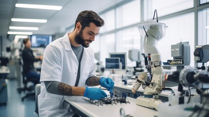 Medical technology: Portrait of a young prosthetic technician holding a prosthetic part and checking the quality of the prosthetic leg and making adjustments while working in a modern laboratory.