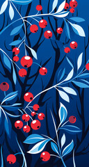 Illustrated winter and Christmas ornaments, holiday background in white, blue and red colors.