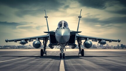 military fighter jet aircraft parked at airforce airport - obrazy, fototapety, plakaty