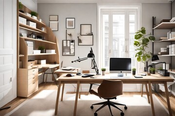 A well-organized home office with a spacious desk, ergonomic chair, and plenty of natural light.