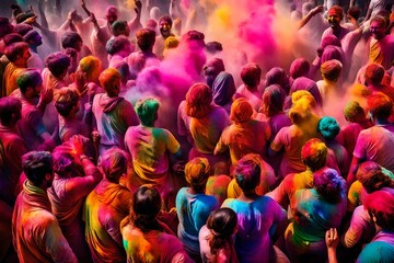 A vibrant Holi celebration with people covered in colorful powders