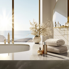 luxury bathroom interior with towels and skincare products. neutral pastel colors - 660874621