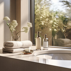 luxury bathroom interior with towels and skincare products. neutral pastel colors - 660874627