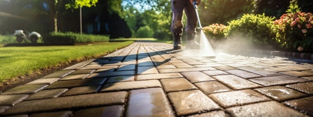 Power Washing Garden Cobble Stone Paths. Outdoor Cleaning Using Pressure Washer. Closeup Photo. - obrazy, fototapety, plakaty