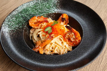 Spaghetti with grilled shrimp, ebiko, and cream sauce
