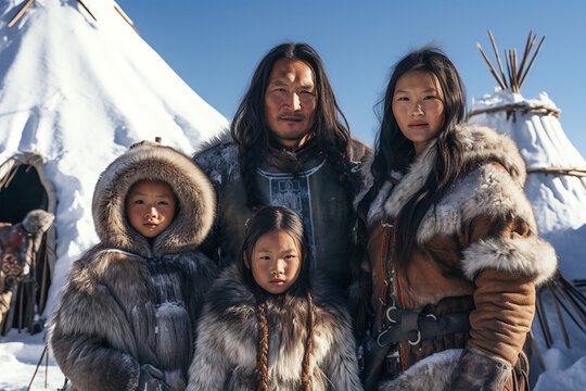 Portrait of a eskimo family. Generative AI