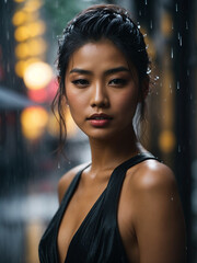 Woman in a Black Dress Standing Gracefully in the Pouring Rain with Her Tresses Tied Back