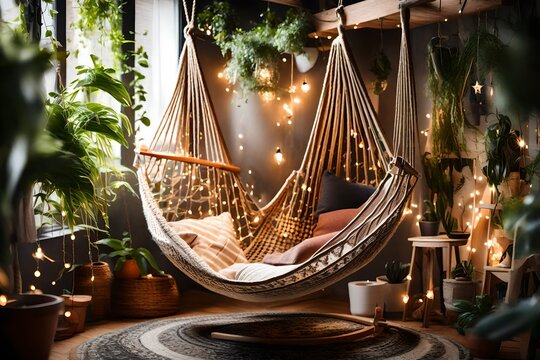 A cozy corner with a hanging hammock chair, surrounded by potted plants and fairy lights.