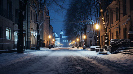 Fototapeta na wymiar A city street covered with snow at night