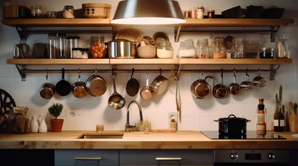Fotobehang Kitchen equipment neatly arranged, minimalist order © Beny