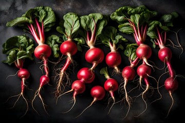 A group of vibrant red radishes with their roots and leaves still intact.