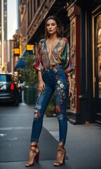 Ultra realistic full body photo of petite  italian female model  modeling upscale very artistic  dolman sleeve travel inspired embellished jeans outfit with cool unusual elements  in new york