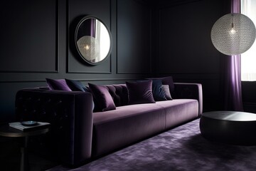 Sofa in sleek setting with dominant purple shade. Generative AI - obrazy, fototapety, plakaty