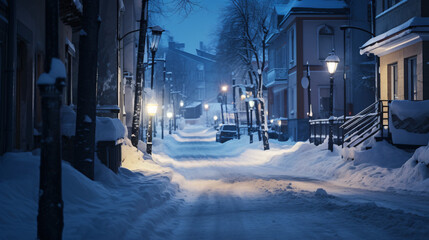 A city street covered with snow at night - obrazy, fototapety, plakaty