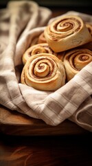 Freshly baked cinnamon buns close up. Tasty sour topping with light reflection.