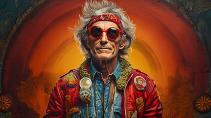 Old hippy man in vibrant retro clothing and sunglasses. 60s and 70s vibe - obrazy, fototapety, plakaty