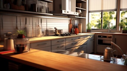 Modern kitchen with counter, minimalist interior with sunlight in daytime. Full set of kitchen equipment, pan, pot, electric hob, flipper, - obrazy, fototapety, plakaty